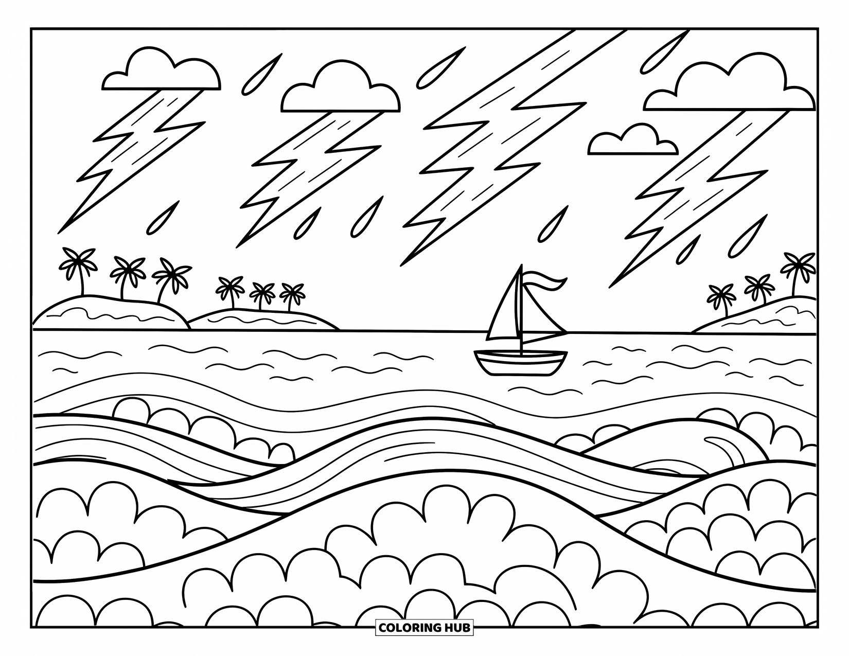 Storm Coloring Page for Adults: Gusty wind swirls over the ocean as a sailboat floats near tiny palm islands