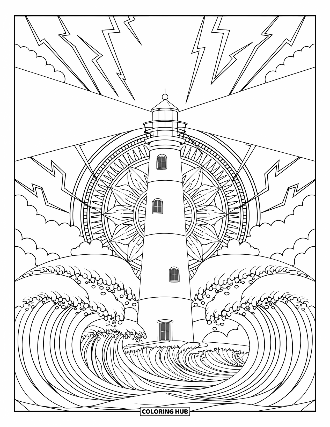 Storm Coloring Page for Adults: Lightning flares behind a lighthouse surrounded by crashing waves