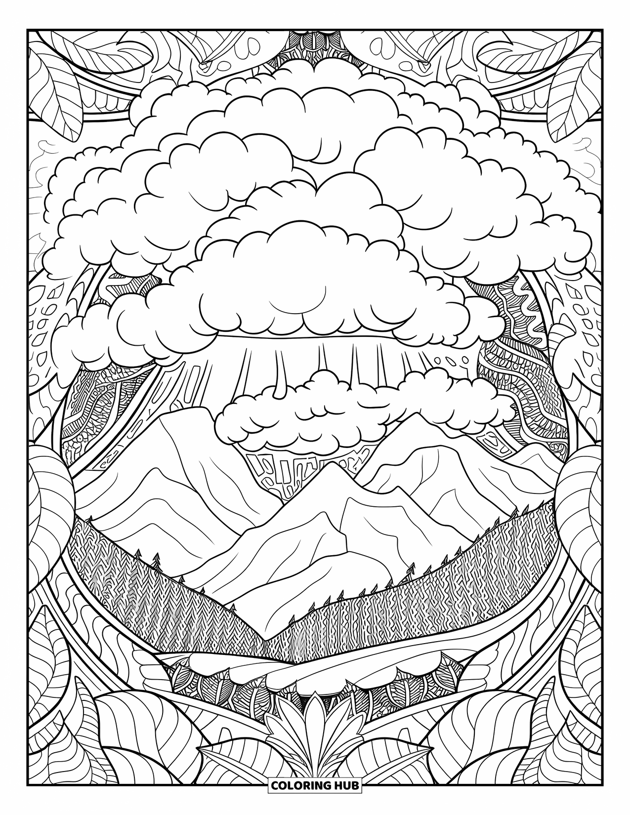 Storm Coloring Page for Adults: Mountains and vines sit quietly beneath a heavy storm sky