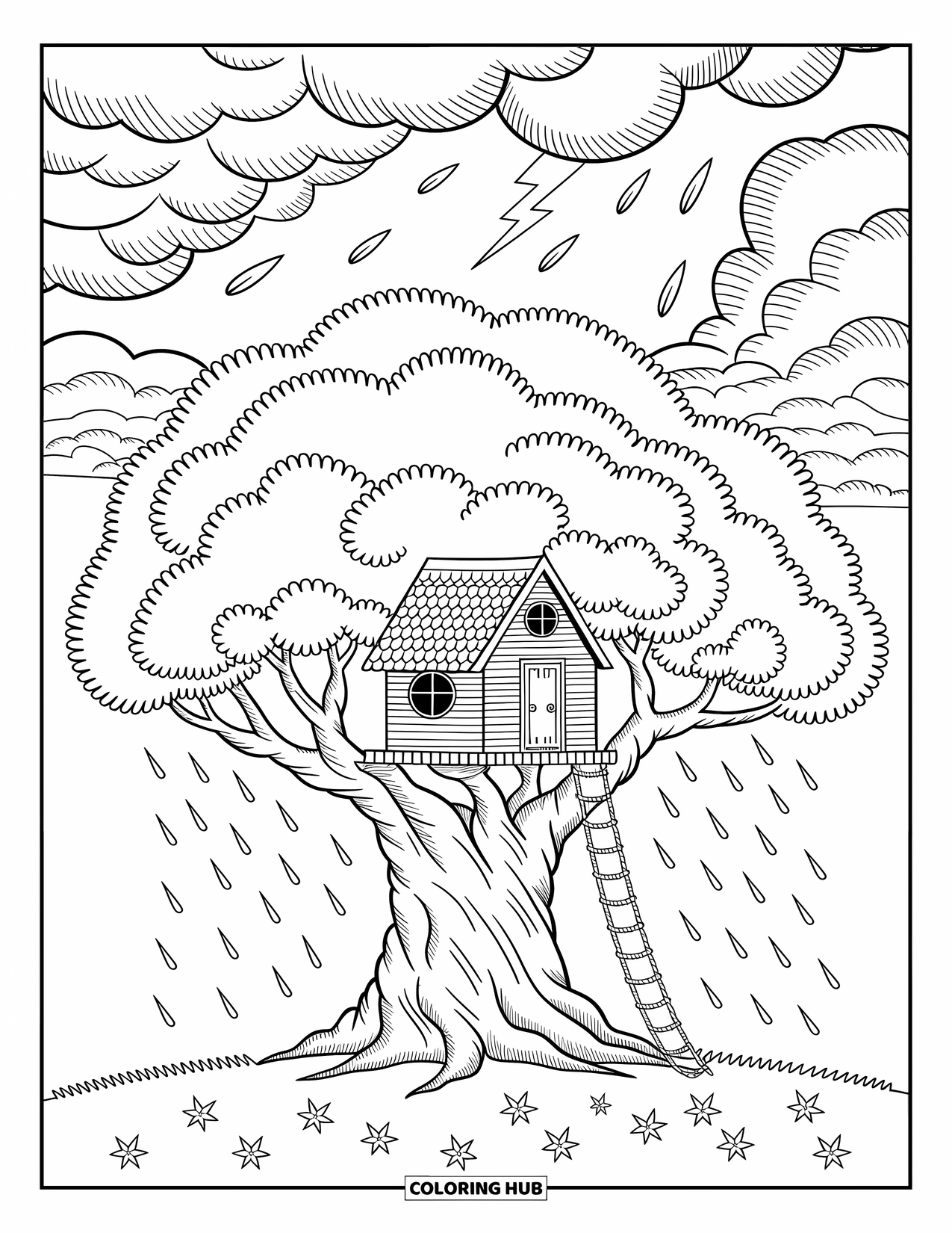 Storm Coloring Page for Adults: Rain falls gently as a cozy treehouse sways in a giant, leafy tree