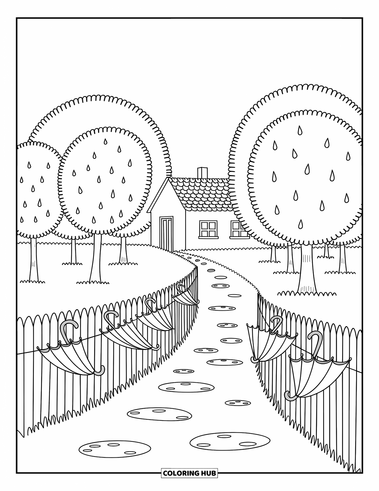 Storm Coloring Page for Adults: Raindrops fill little umbrellas on a fence near a sweet, tree-lined cottage