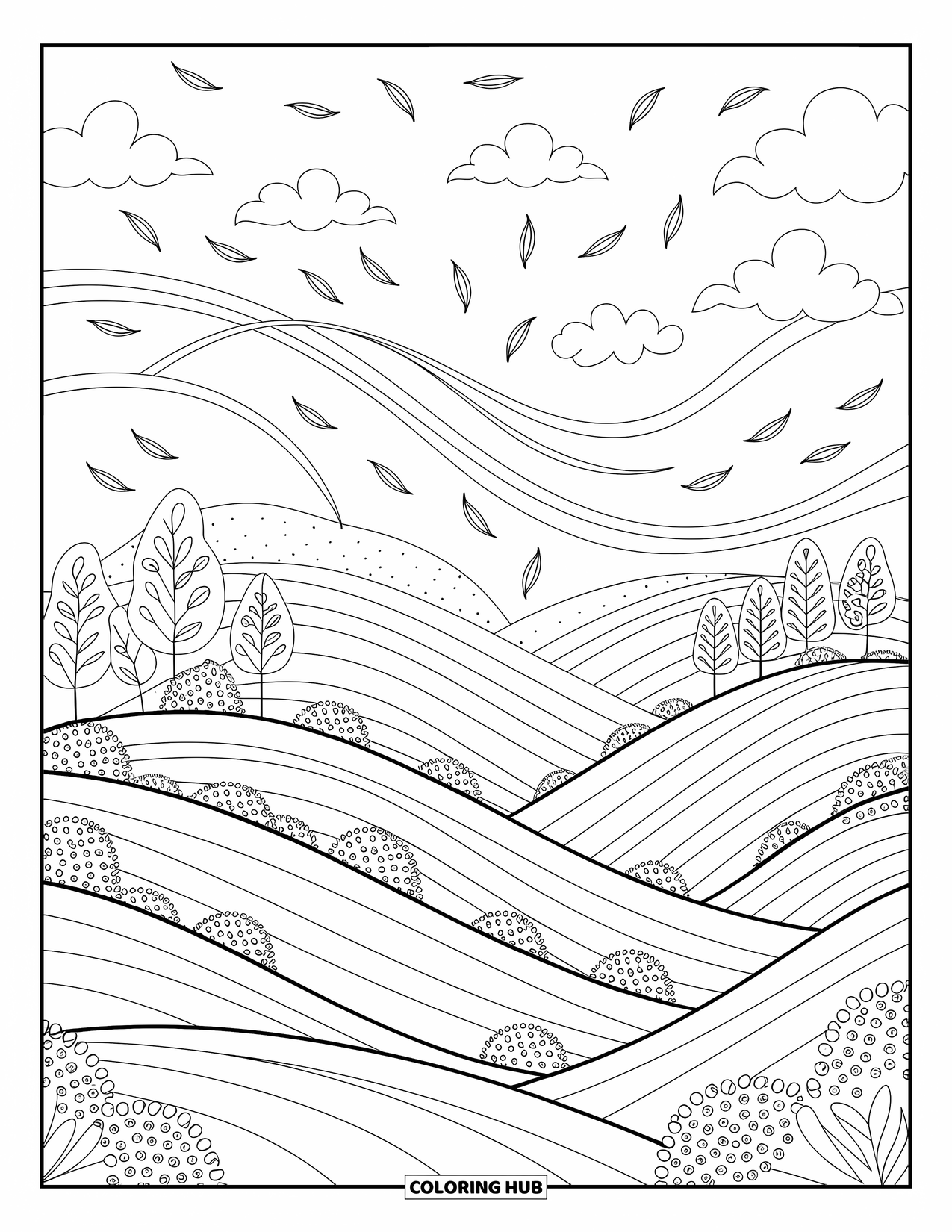 Storm Coloring Page for Adults: Swirling wind carries leaves through blooming hills and fluttering trees in soft curves