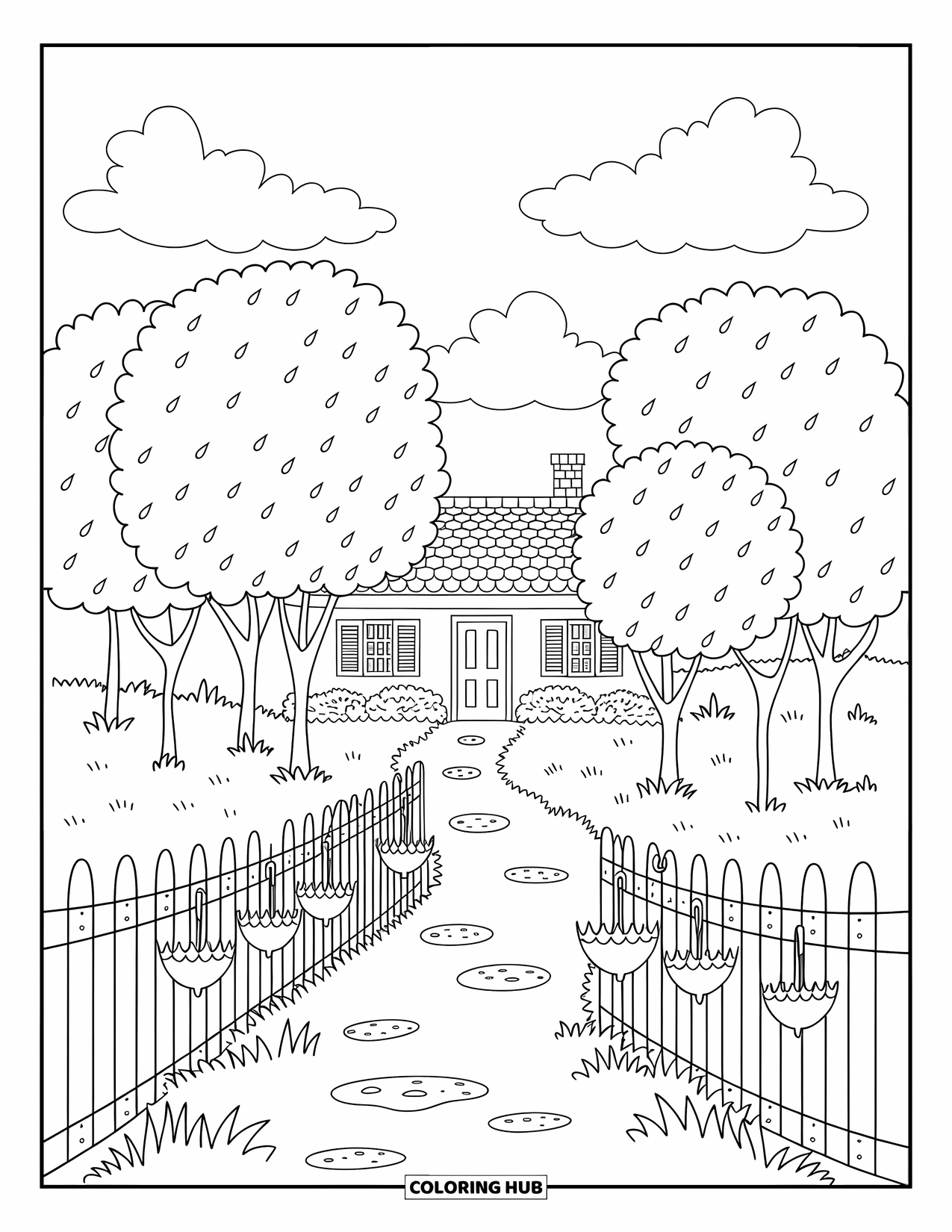 Storm Coloring Page for Adults: Tiny umbrellas hang from a picket fence as rain falls near a cozy cottage