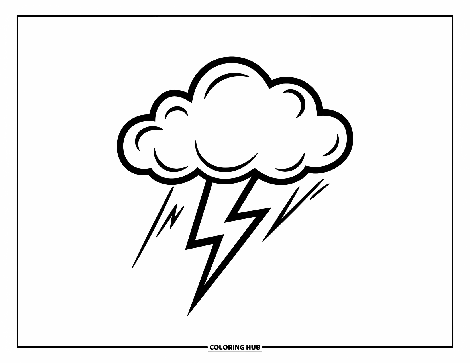Storm Coloring Page for Kids: A bold lightning bolt strikes from a puffy storm cloud