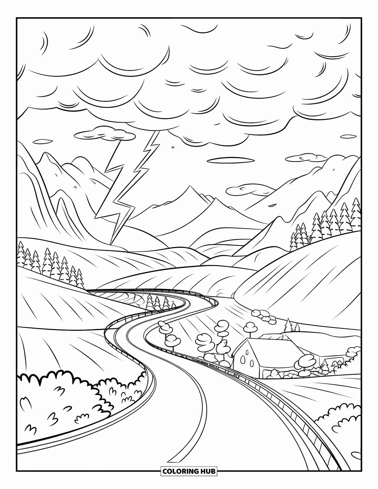 Storm Coloring Page for Kids: A bright bolt strikes near a winding road through the hills