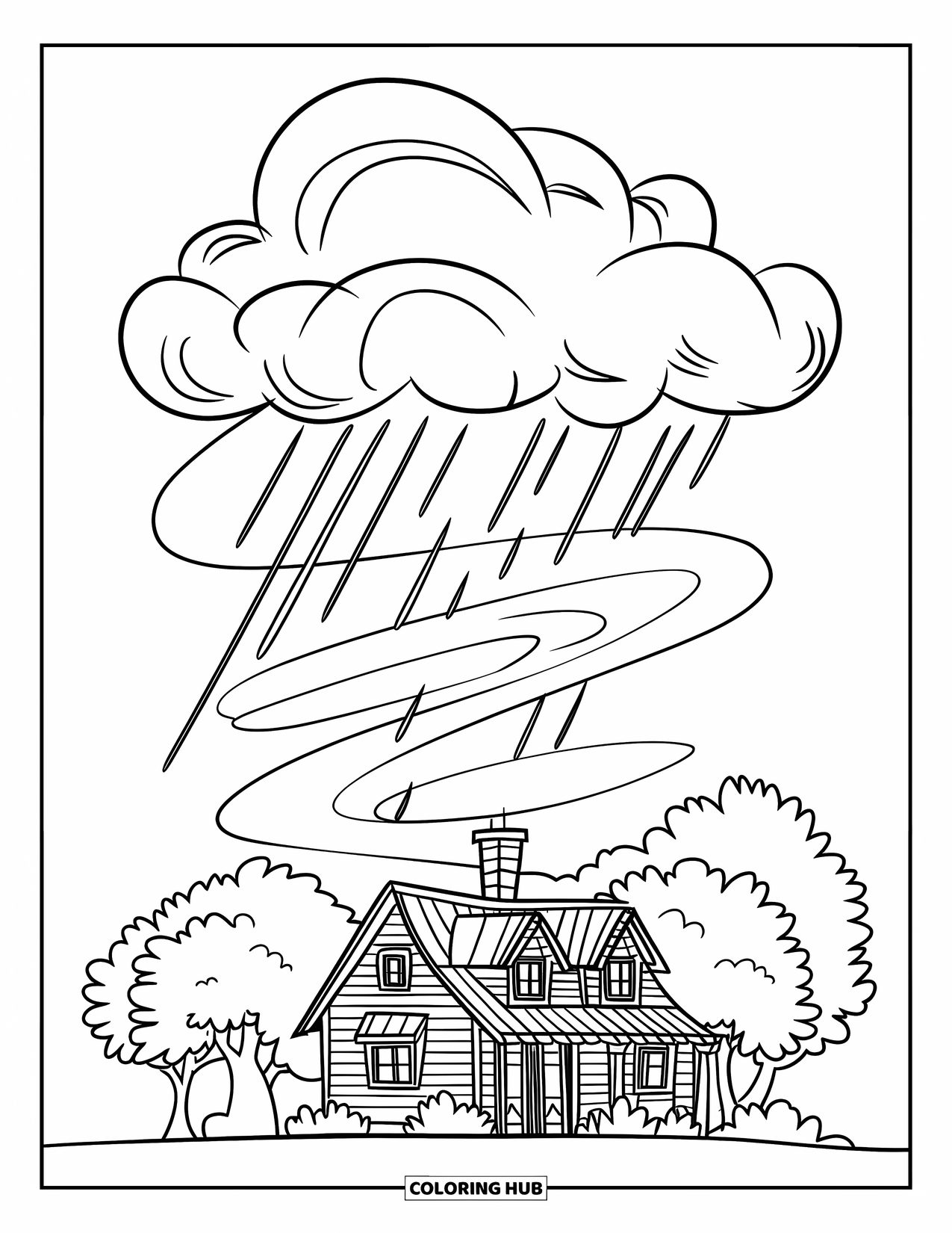 Storm Coloring Page for Kids: A cozy house stands beneath swirling wind and a storm cloud