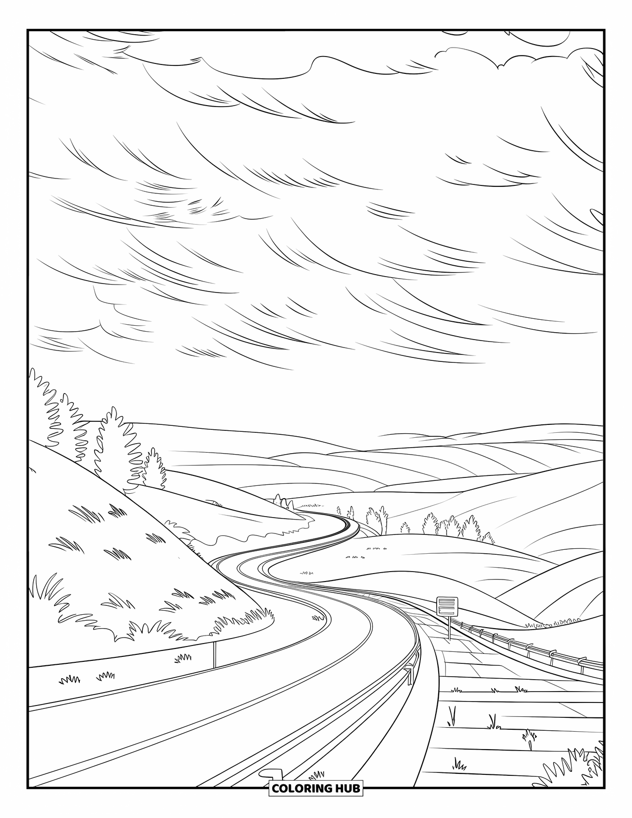 Storm Coloring Page for Kids: A curved road bends through grassy hills under dark clouds