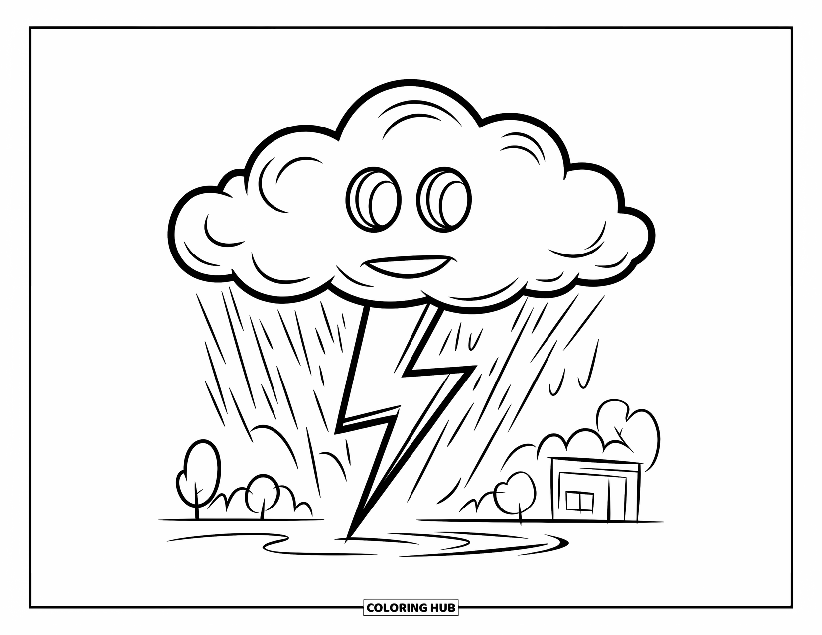 Storm Coloring Page for Kids: A grinning storm cloud zaps the ground with a bold bolt