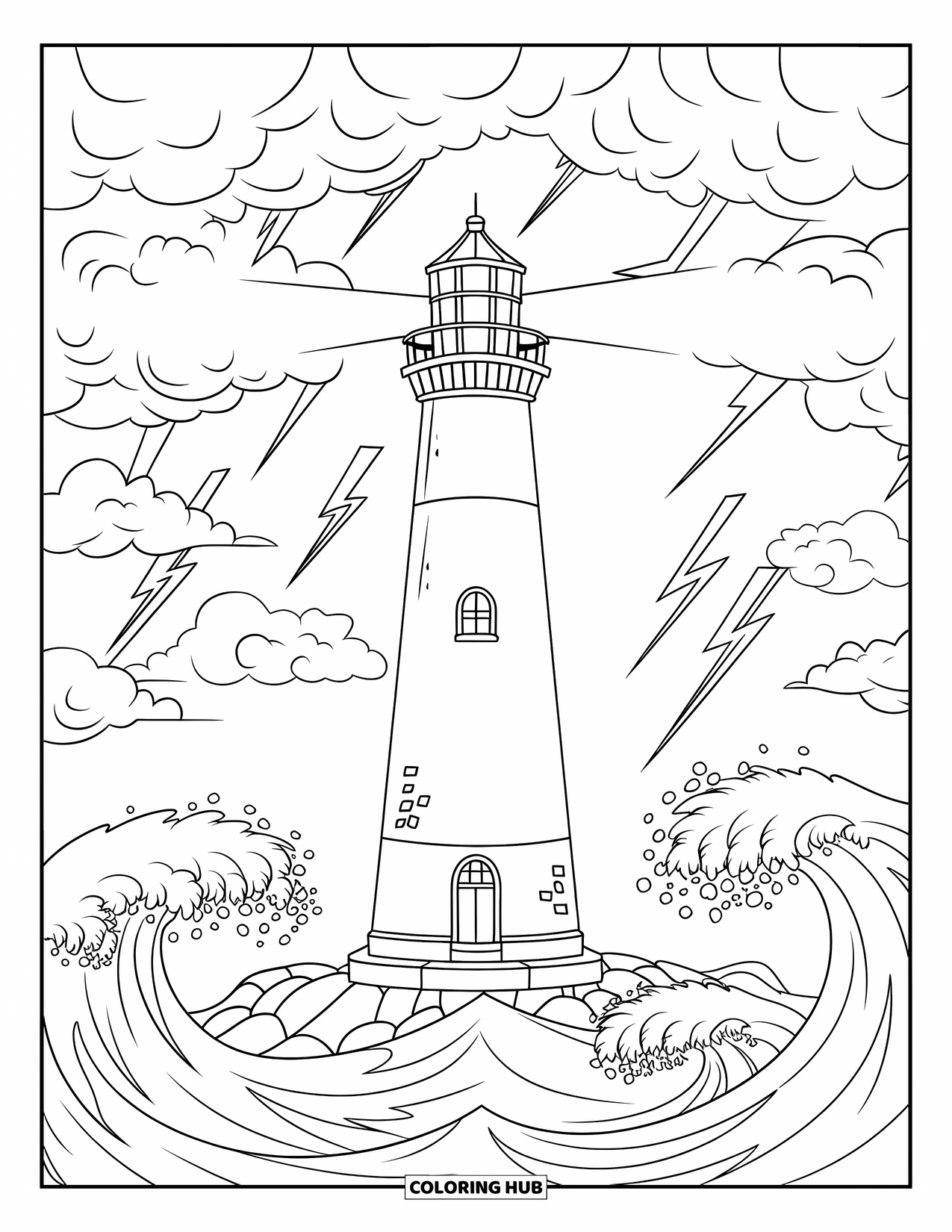 Storm Coloring Page for Kids: A lighthouse faces crashing waves during a strong coastal storm