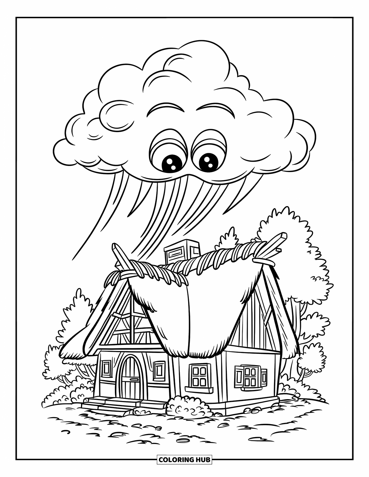 Storm Coloring Page for Kids: A little house braces as a storm cloud with eyes rolls in