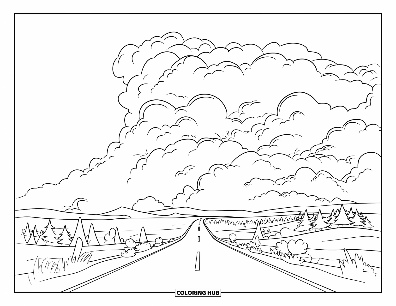 Storm Coloring Page for Kids: A long road stretches toward stormy clouds on the horizon