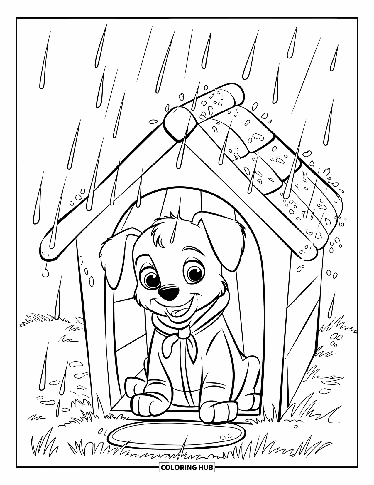 Storm Coloring Page for Kids: A pup in a raincoat waits out a storm in its house
