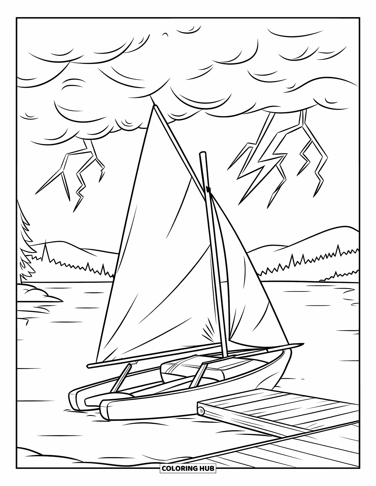 Storm Coloring Page for Kids: A sailboat rocks gently by a dock as a storm brews