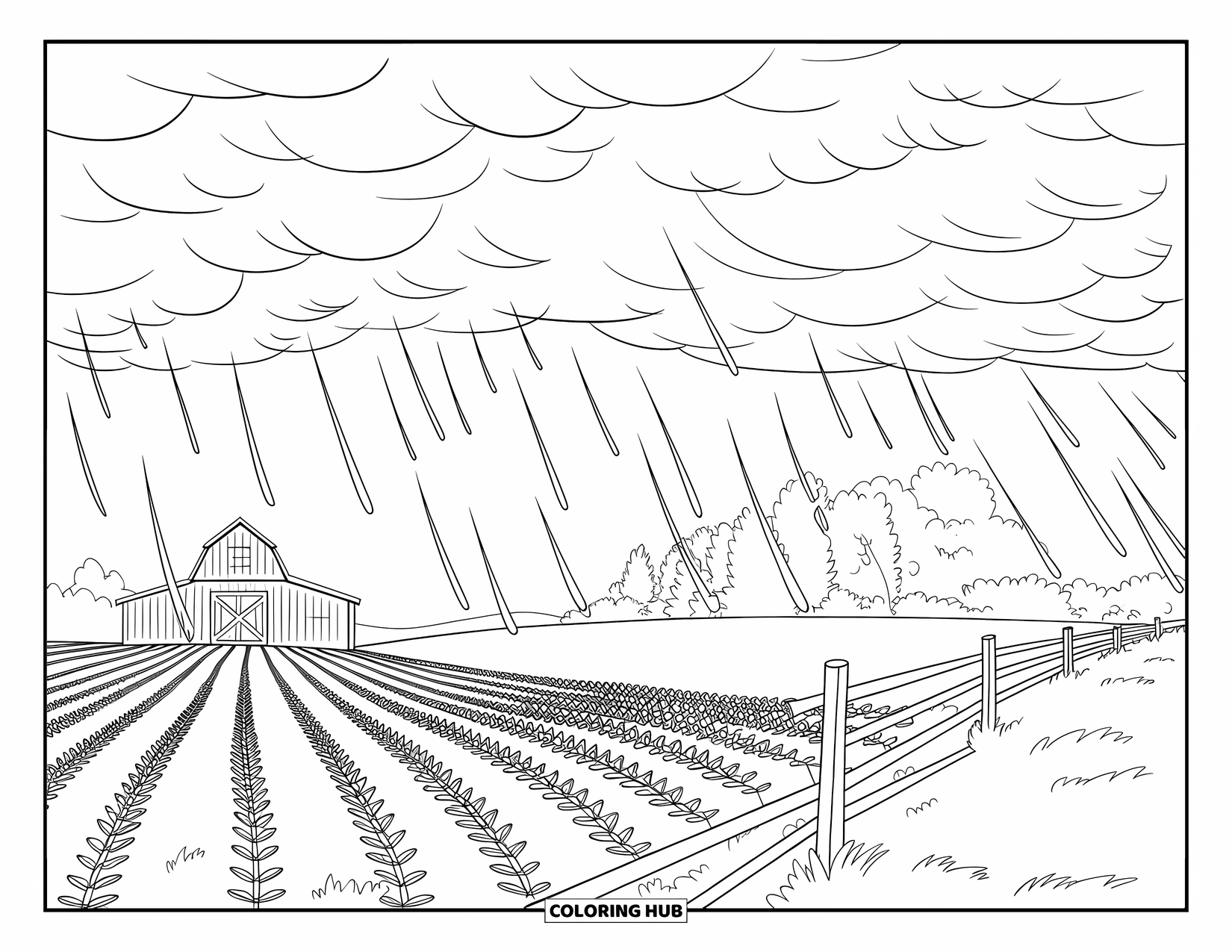 Storm Coloring Page for Kids: A stormy breeze moves across a field with a barn and fence