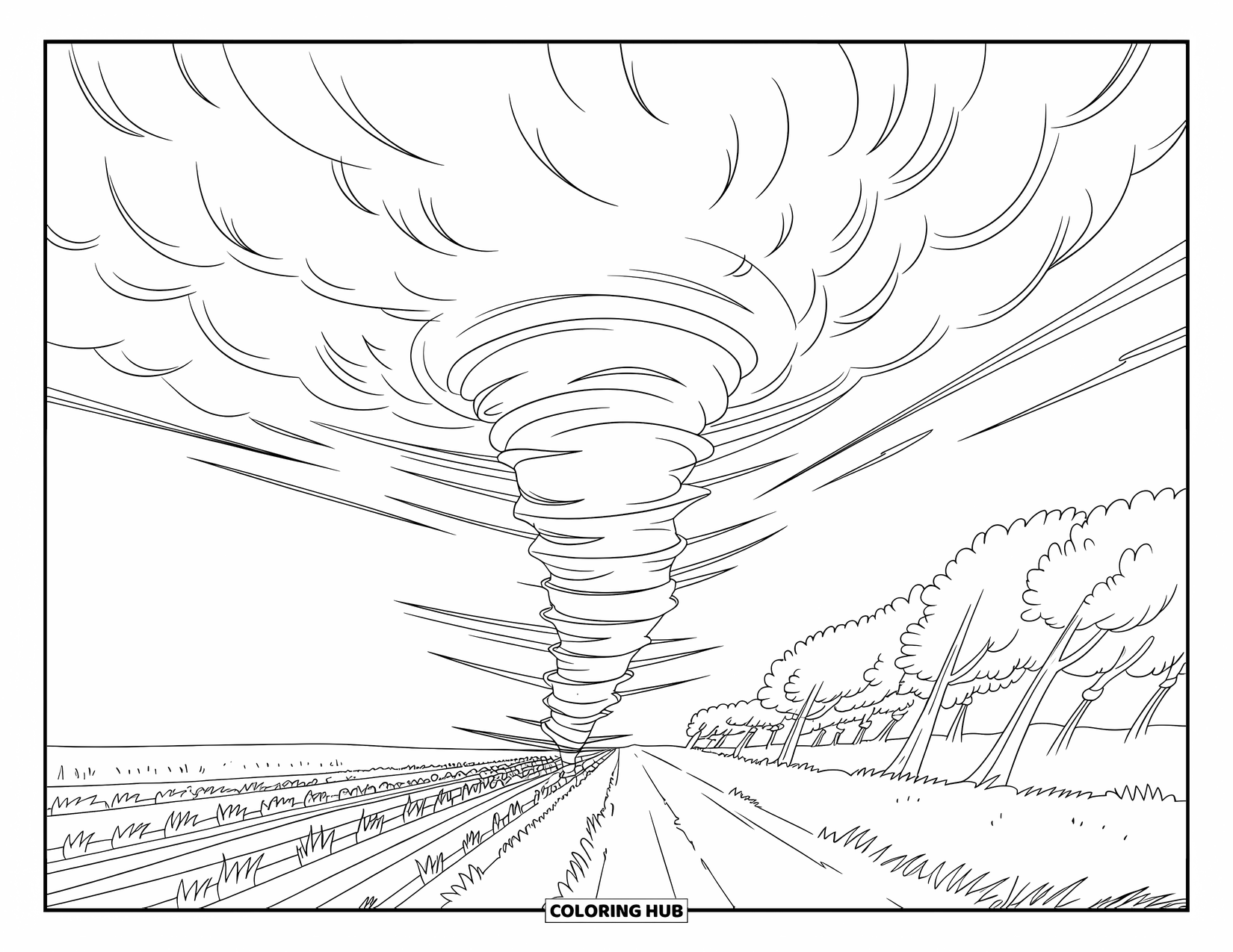 Storm Coloring Page for Kids: A tornado begins to form over a quiet farmland road
