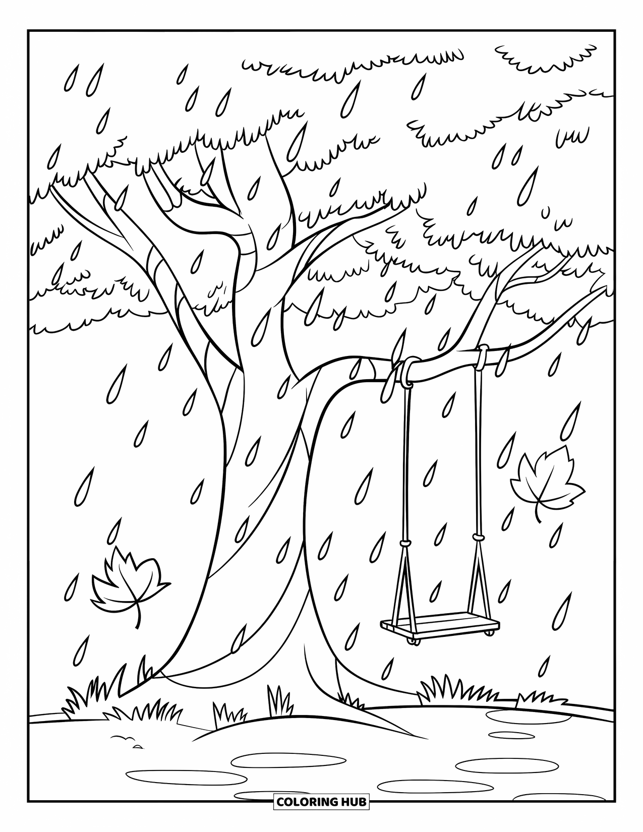 Storm Coloring Page for Kids: A tree stands strong in the rain with a swing swaying gently