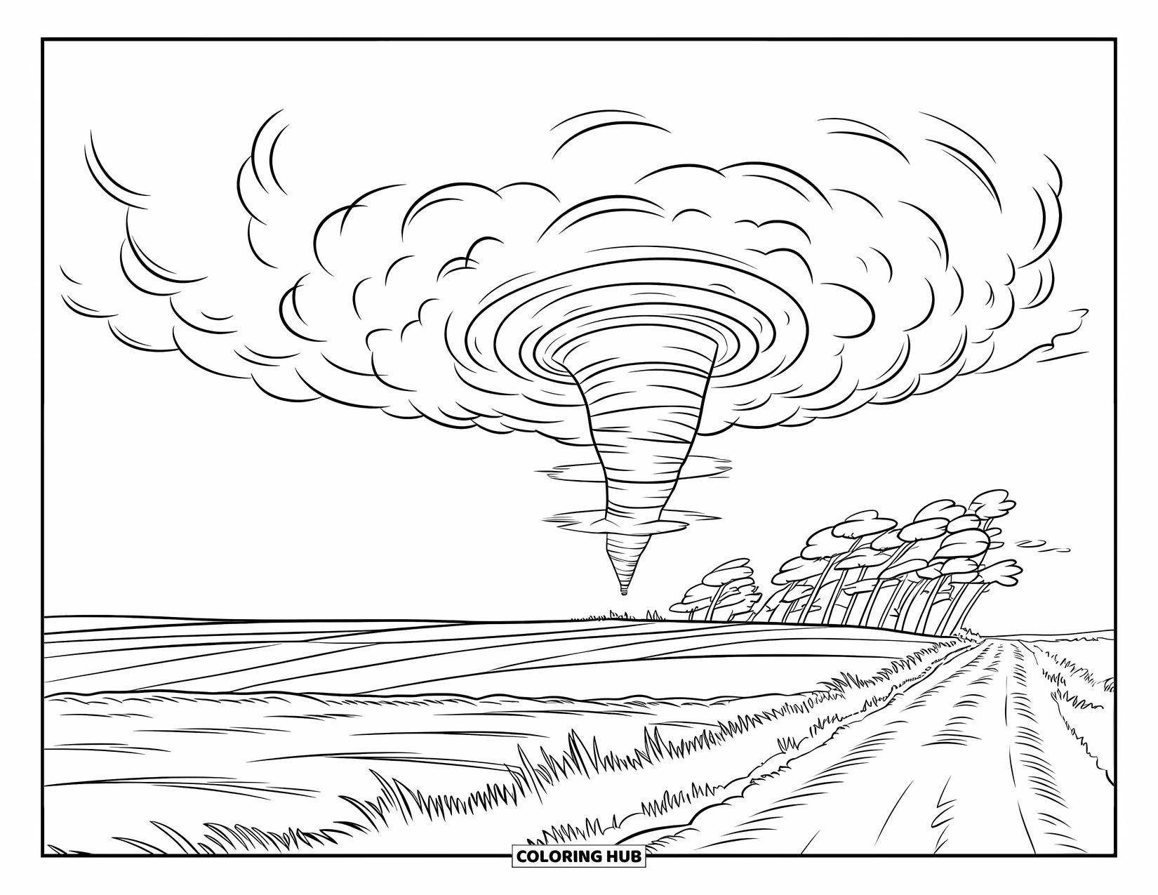 Storm Coloring Page for Kids: A twister touches down near a quiet dirt road in the fields