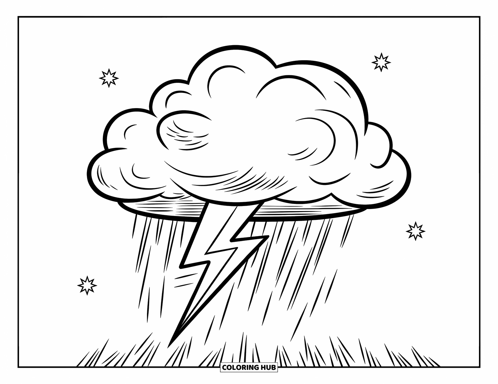 Storm Coloring Page for Kids: Birds fly from a storm cloud as lightning zigzags down