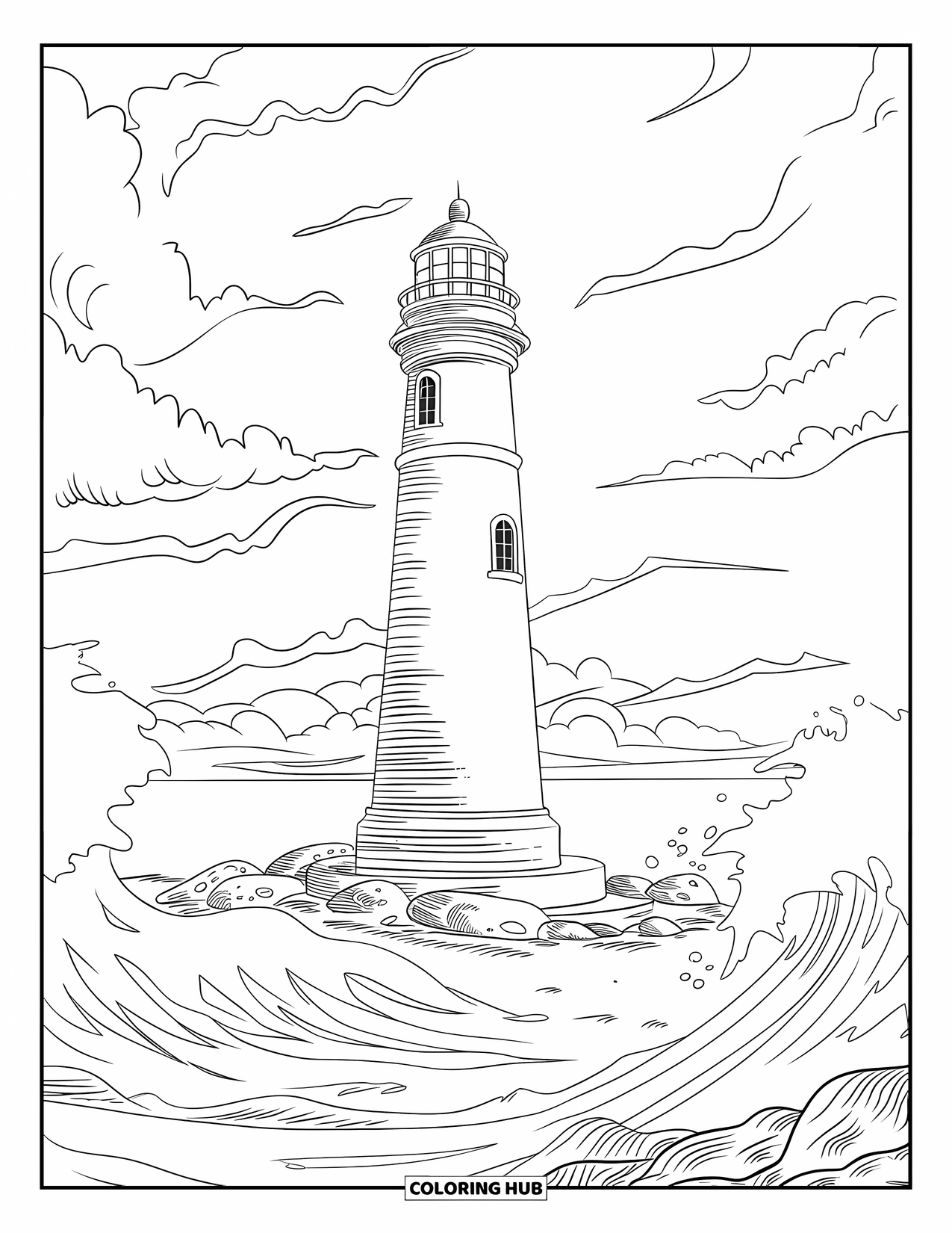 Storm Coloring Page for Kids: Dark clouds and high waves surround a lighthouse on rocky shores