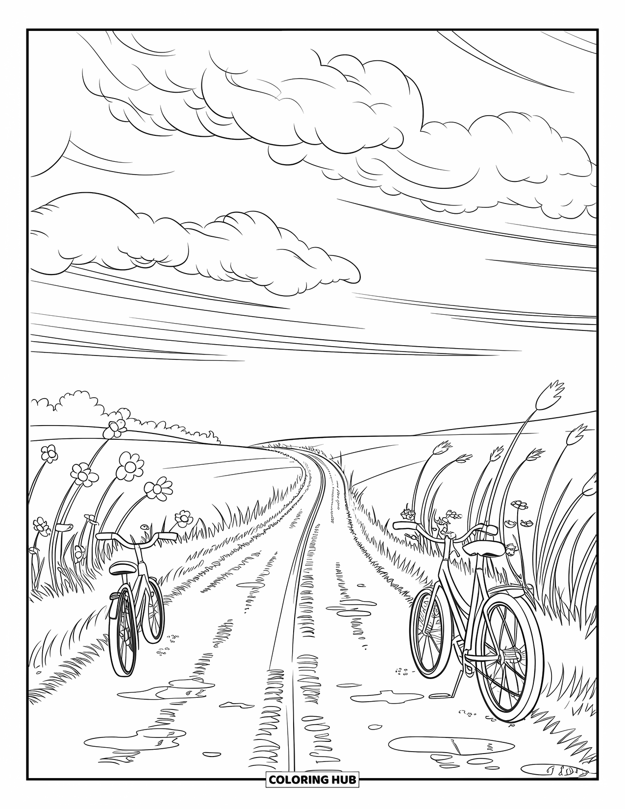Storm Coloring Page for Kids: Grassy fields and bikes sit still as soft rain ripples in puddles