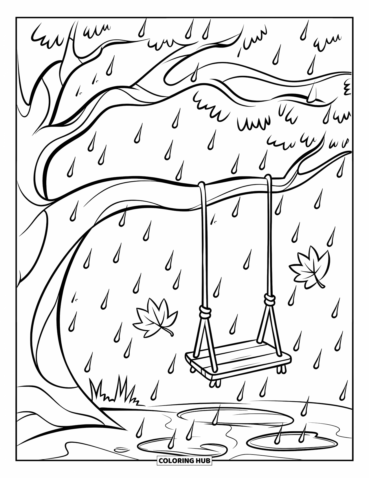 Storm Coloring Page for Kids: Leaves fall and a swing sways beneath a tree in soft rain