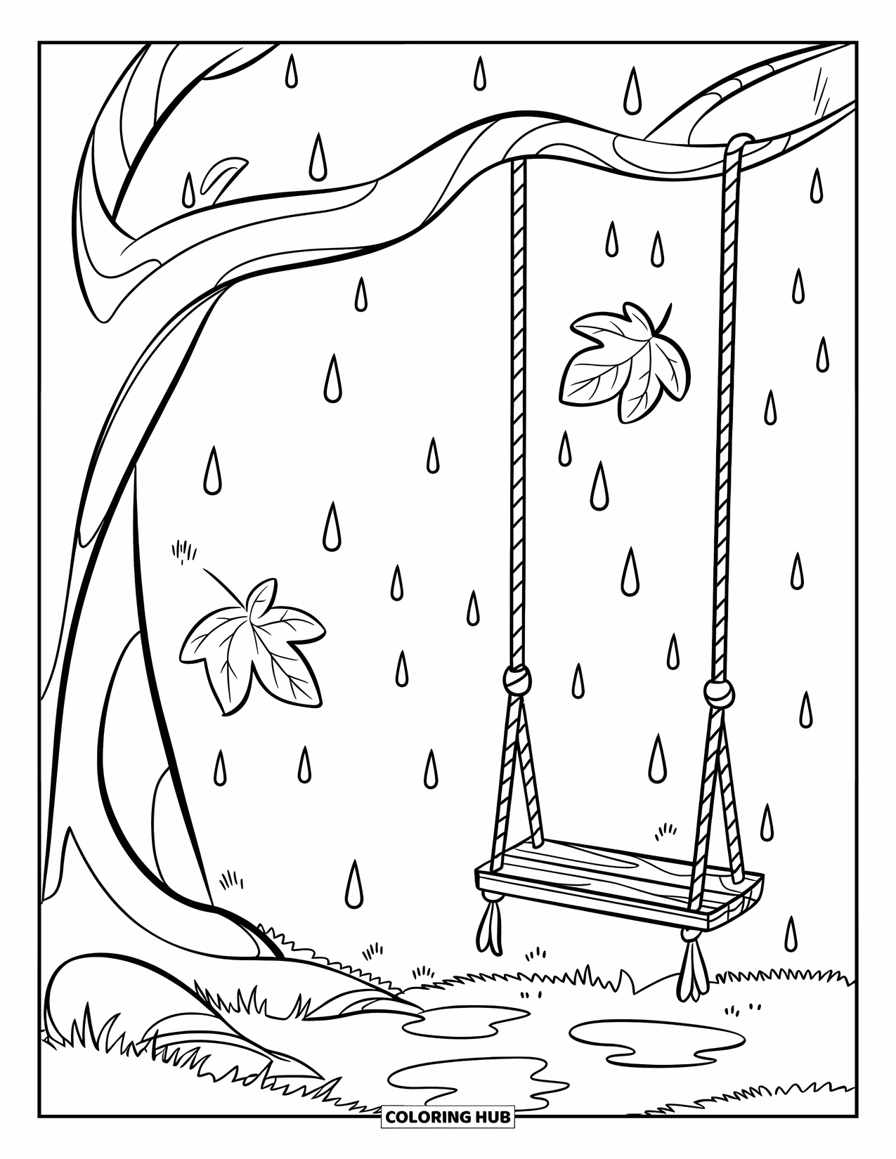 Storm Coloring Page for Kids: Rain falls around a sturdy tree with a swing and puddles below