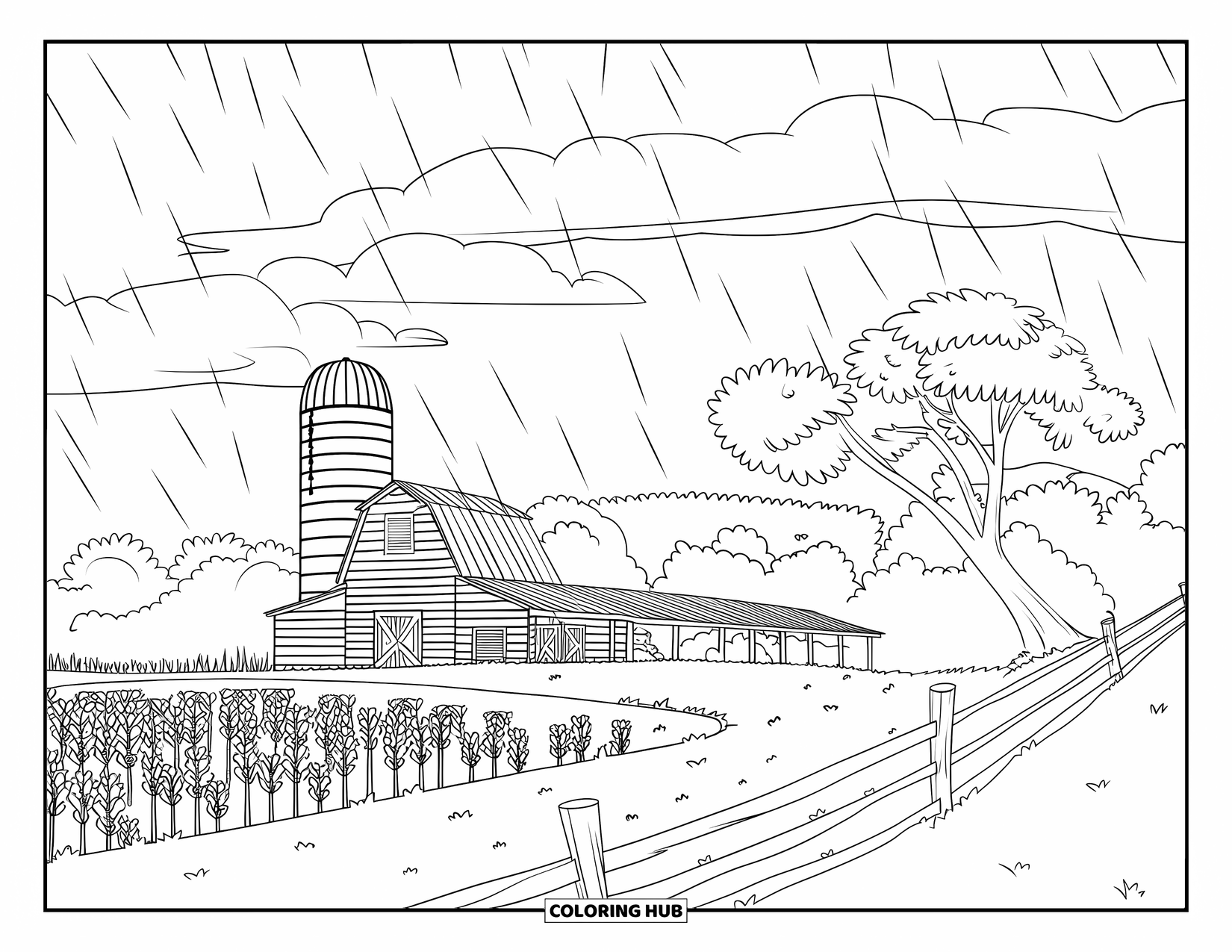 Storm Coloring Page for Kids: Rain falls gently on a farm as wind bends the trees and grass