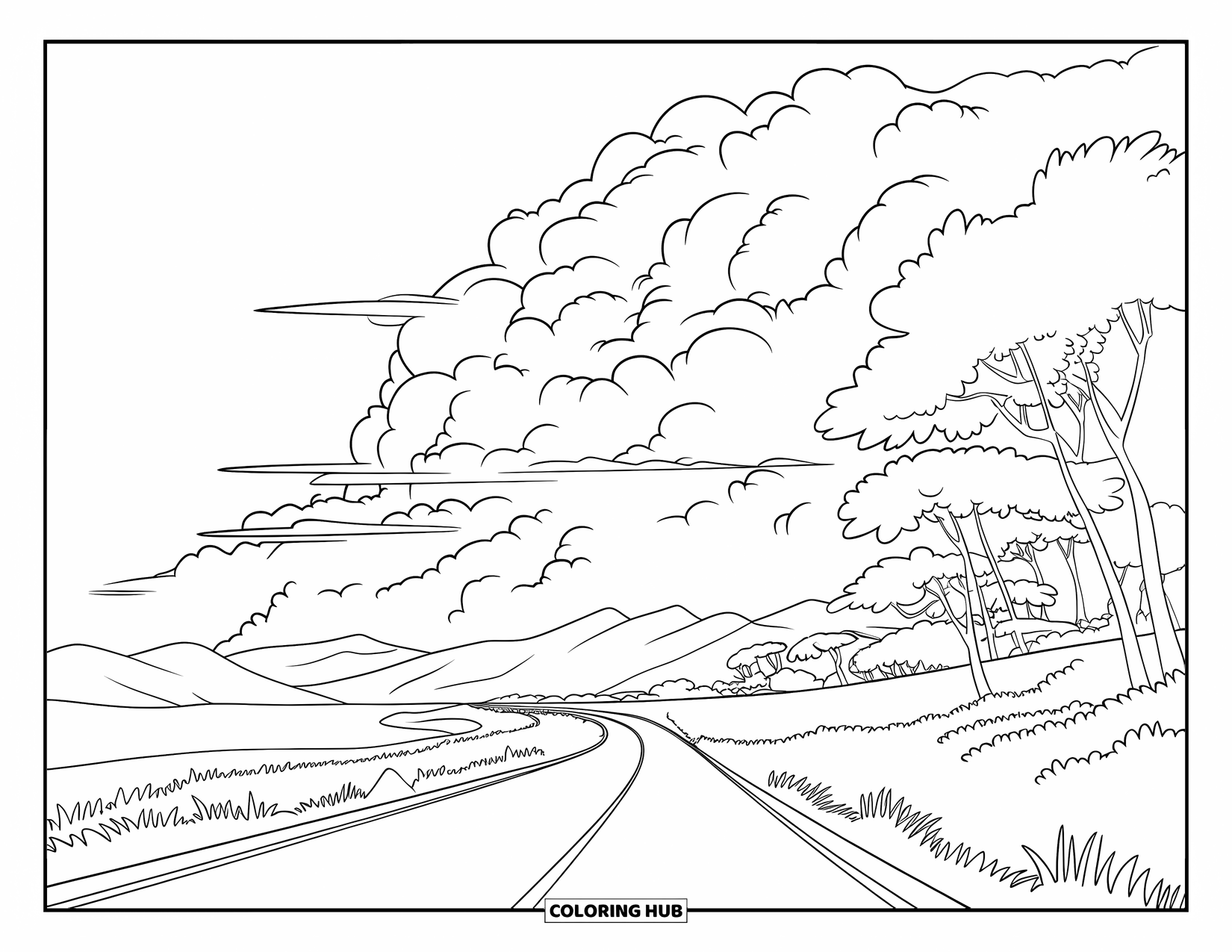 Storm Coloring Page for Kids: Storm clouds gather above a winding road lined with trees
