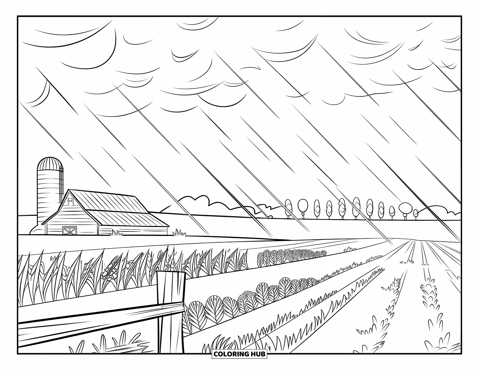 Storm Coloring Page for Kids: Storm clouds gather over a barn and crops as wind sweeps through