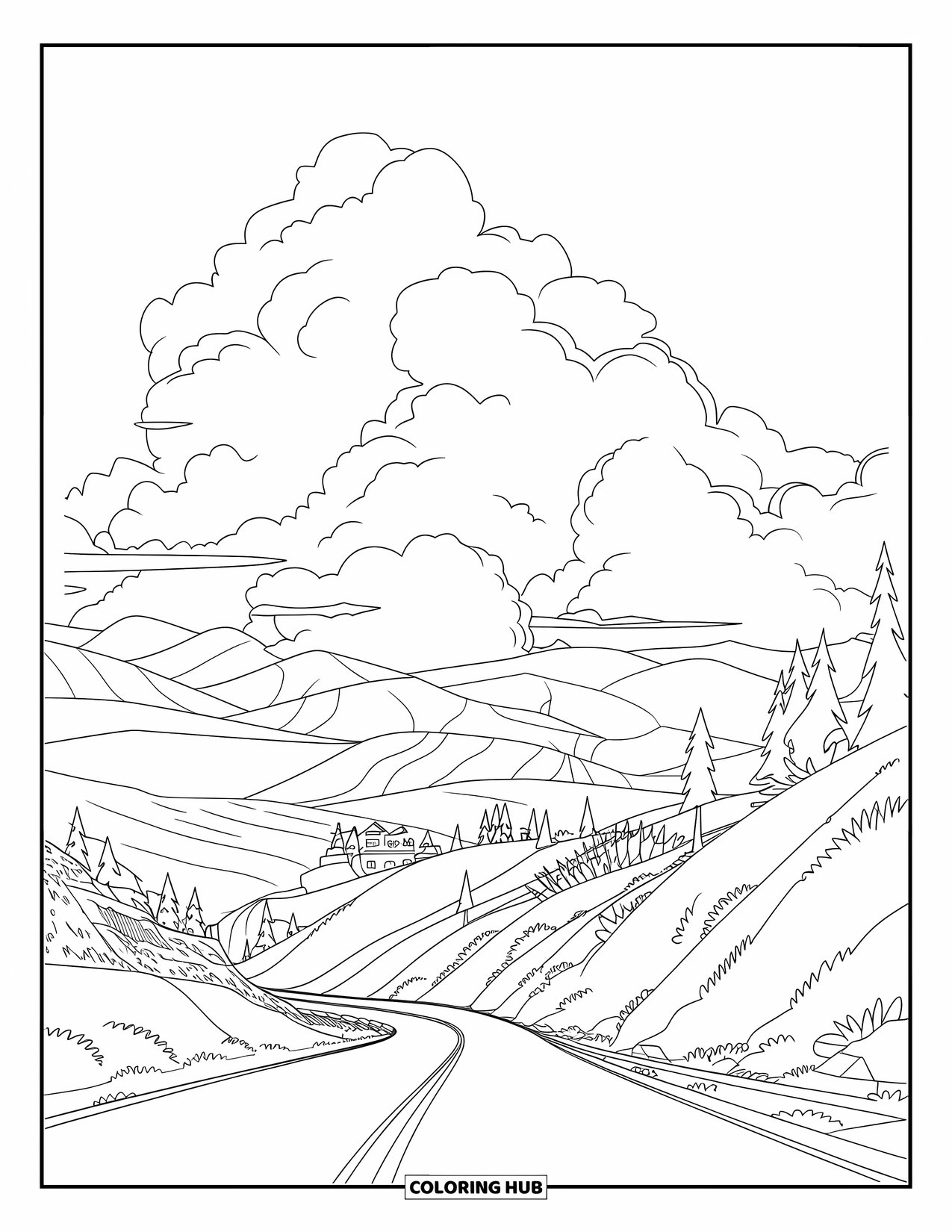 Storm Coloring Page for Kids: Storm clouds hang above a road winding past trees and hills