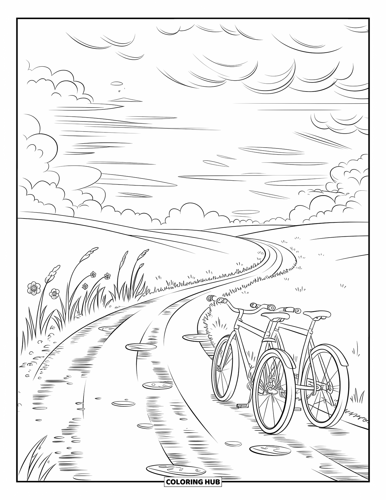 Storm Coloring Page for Kids: Two bikes rest beside a dirt road as raindrops ripple in puddles