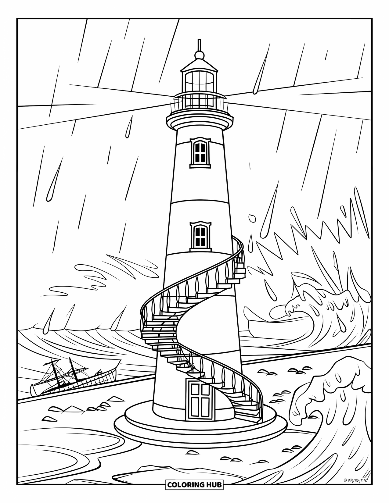 Storm Coloring Page for Kids: Waves crash near a lighthouse during a wild ocean storm