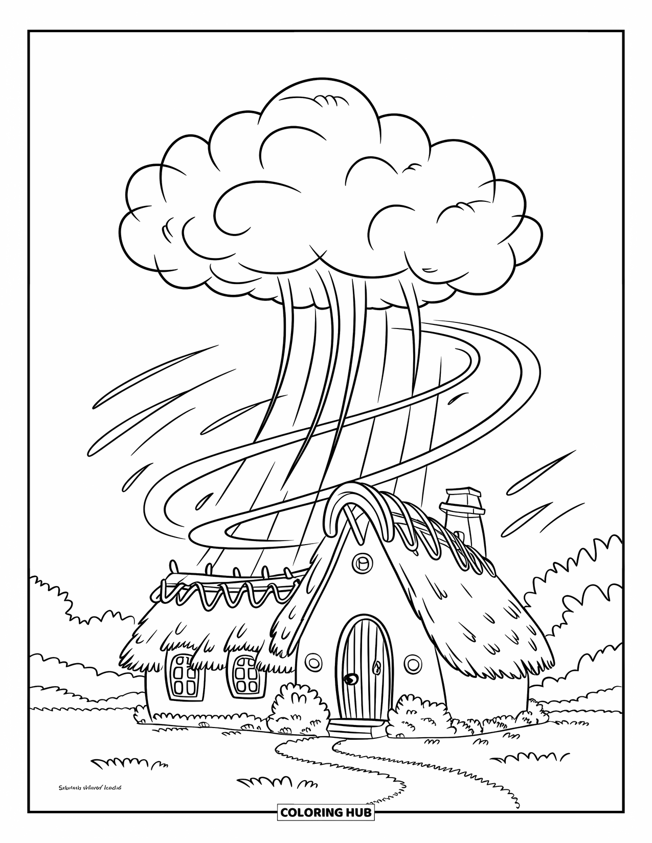 Storm Coloring Page for Kids: Wind swirls around a small house under a brewing storm