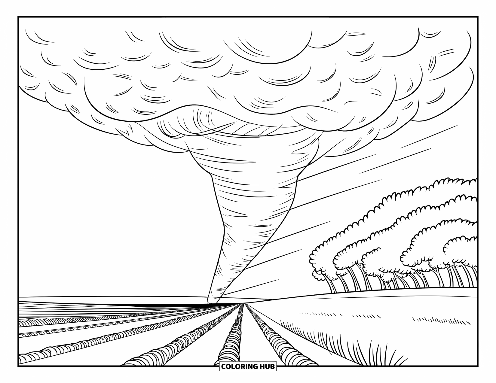 Storm Coloring Page for Kids: Windy farmland with a tornado starting to spin from the clouds