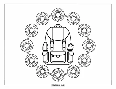 Coloriage de colonie de vacances pour adultes : Un sac à dos avec du matériel de camping entouré de grands motifs floraux