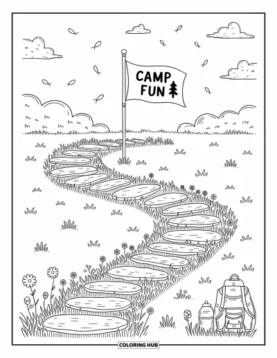Coloriage de colonie de vacances pour adultes : Un drapeau lumineux "Camp Fun" entouré de fleurs, de sacs et de pierres de passage