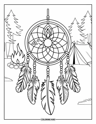 Coloriage de colonie de vacances pour adultes : Un attrape-rêves de camp avec des symboles de feu, de plumes et de tentes près des arbres