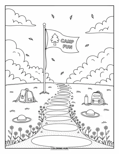 Coloriage de colonie de vacances pour adultes : Un drapeau "Camp Fun" avec des sacs à dos, des chapeaux de soleil et des fleurs dans l'herbe