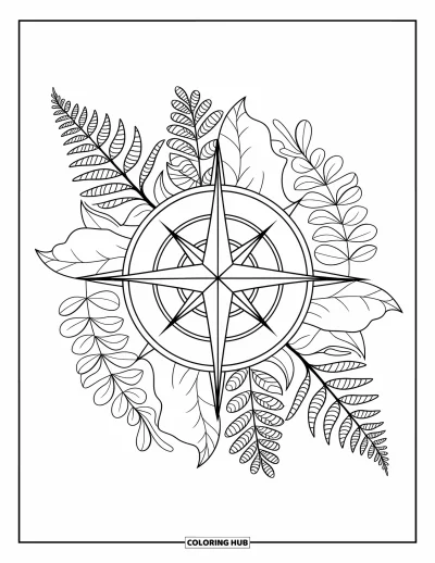 Coloriage de colonie de vacances pour adultes : Une rose des vents "Camp North" entourée de mandalas de fougères superposés