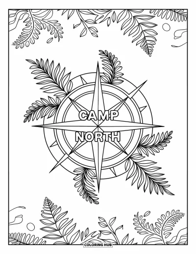 Coloriage de colonie de vacances pour adultes : Une rose des vents "Camp North" encadrée par des motifs complexes de fougères et de feuilles
