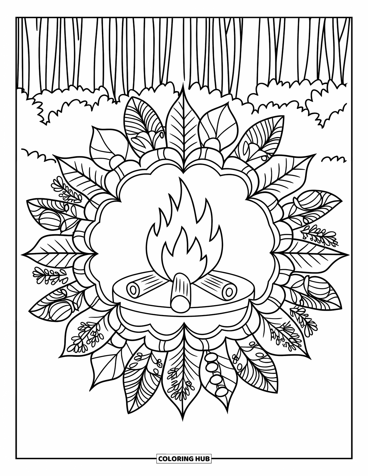 Summer Camp Coloring Page for Adults: A campfire framed by floral mandalas with trees in the background