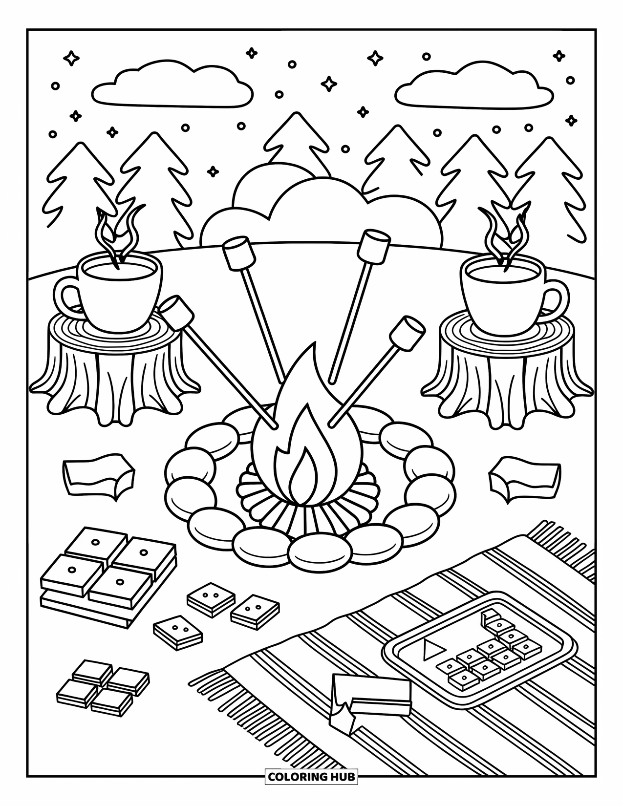 Summer Camp Coloring Page for Adults: A campfire with marshmallows, chocolate, and mugs resting on stumps
