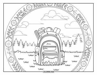 Coloriage de colonie de vacances pour adultes : Un sac à dos de randonnée dans un champ encadré par des mandalas floraux et des nuages
