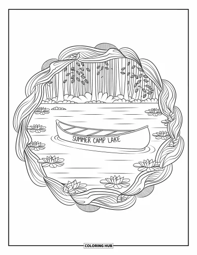 Coloriage de colonie de vacances pour adultes : Un canoë flottant sur une eau calme avec des vagues en mandala et de grands arbres