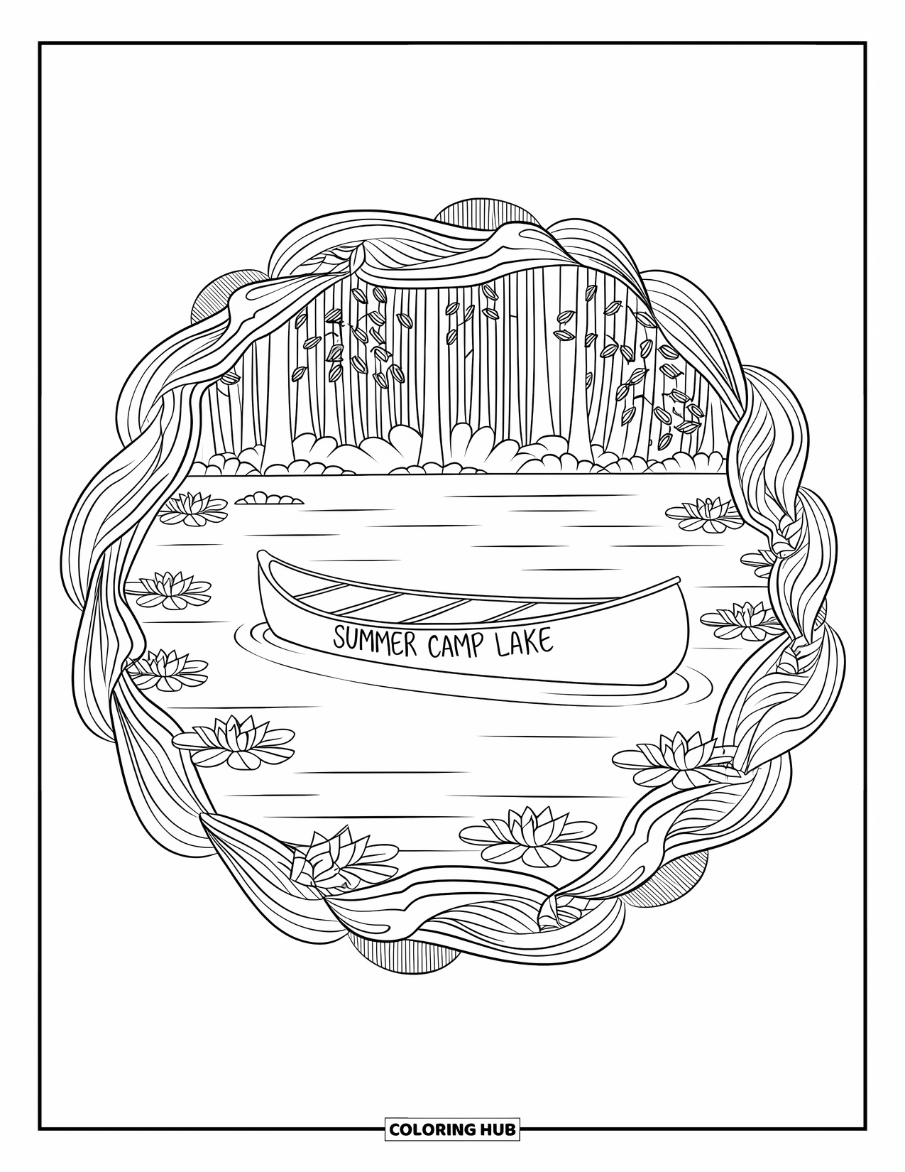 Summer Camp Coloring Page for Adults: A canoe floating on calm water with mandala waves and tall trees