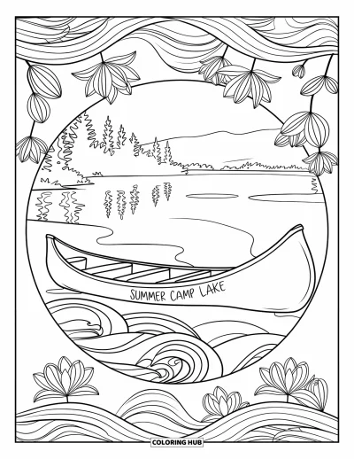 Coloriage de colonie de vacances pour adultes : Un canoë portant l'inscription "Summer Camp Lake" encadré par des nénuphars et leurs reflets