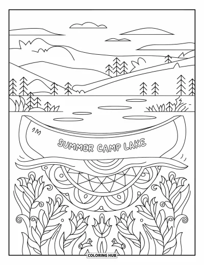 Coloriage de colonie de vacances pour adultes : Un canoë portant l'inscription "Summer Camp Lake" entouré de vagues en mandala