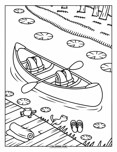 Coloriage de colonie de vacances pour adultes : Un canoë sur un lac calme avec des gilets de sauvetage, des pagaies et des nénuphars