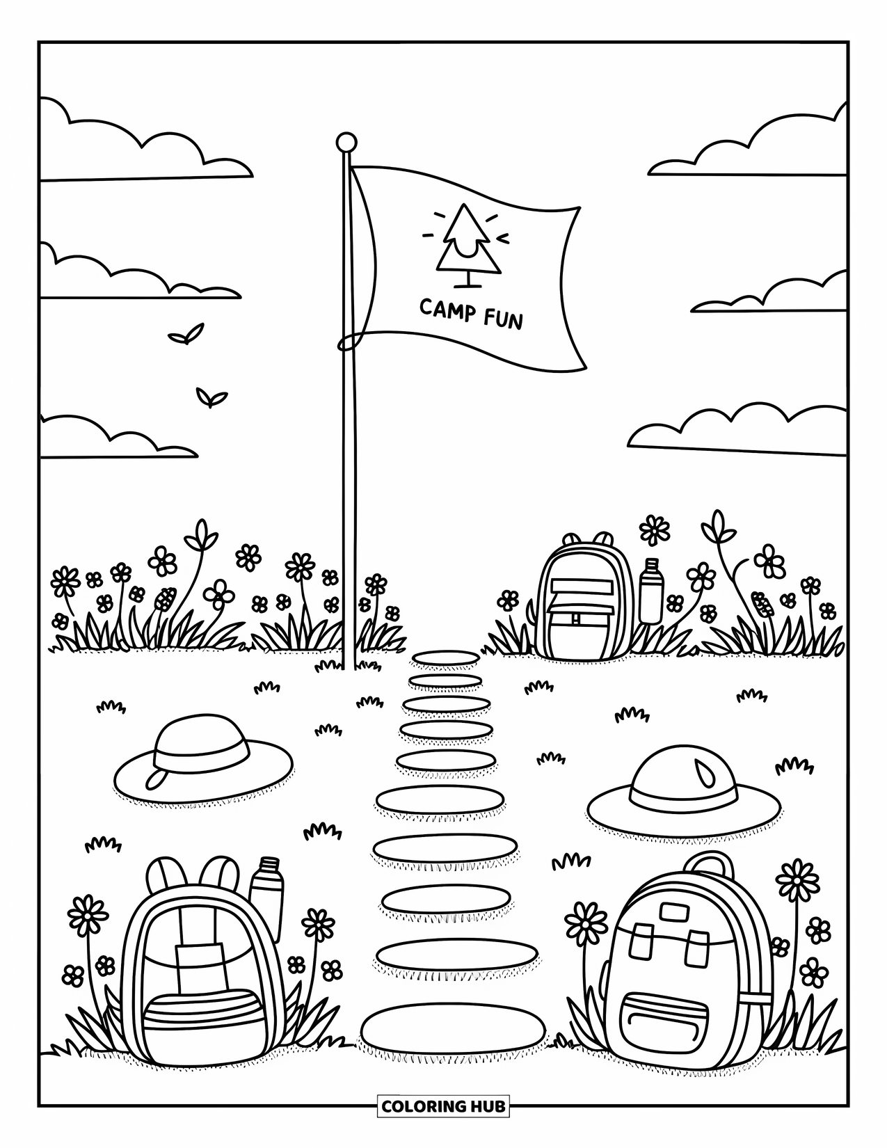 Summer Camp Coloring Page for Adults: A cheerful flag reading ìCamp Funî with paths, flowers, and summer gear