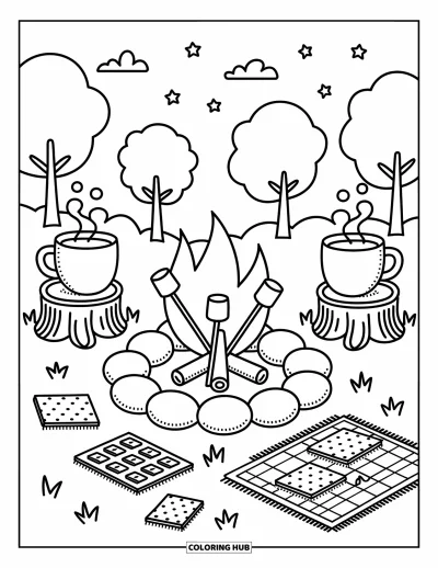 Coloriage de colonie de vacances pour adultes : Un cercle de guimauves sur le feu à côté de chocolat et de biscuits Graham
